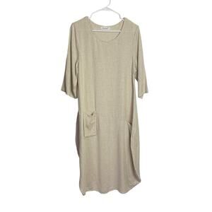 Anysize Lantern Dress Womens S Beige Linen Blend 3/4 Sleeve Pockets‎ Lagenlook